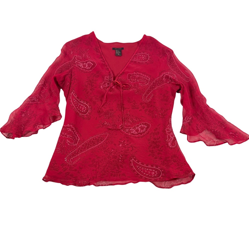 Pirate Core Silk Paisley Blouse Women's XL Red Sequin Flutter Y2K 90s Fairy FLAW